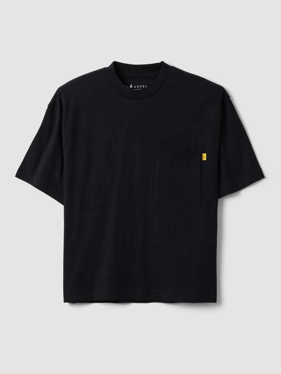 T-shirt nera in puro cotone girocollo con taschino boxy fit_0