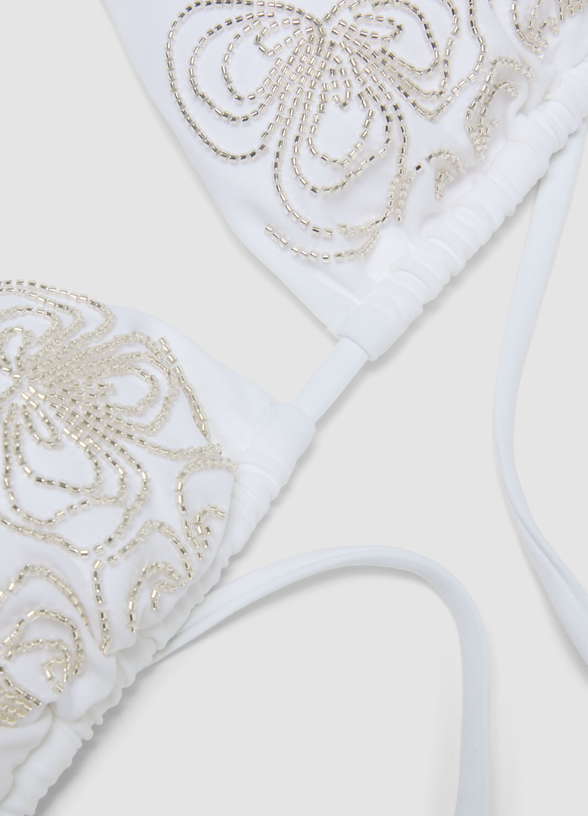 White stretch triangle bikini top with beaded details