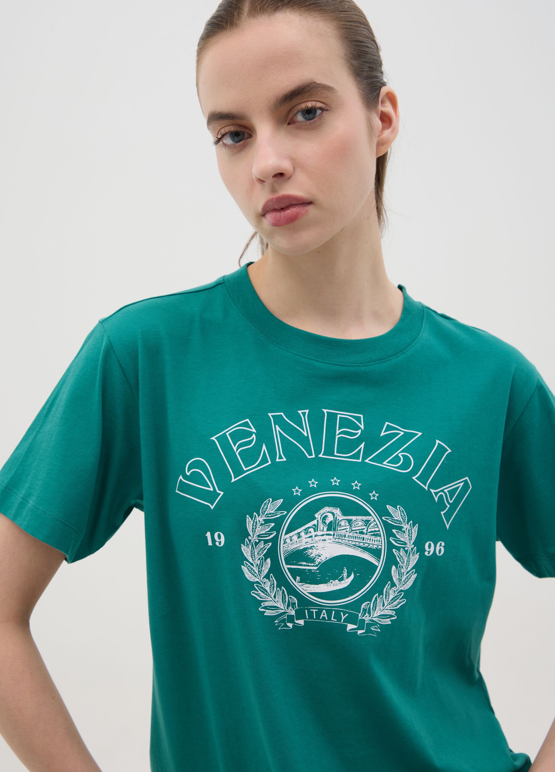 Green cotton T-shirt with "Venezia" print
