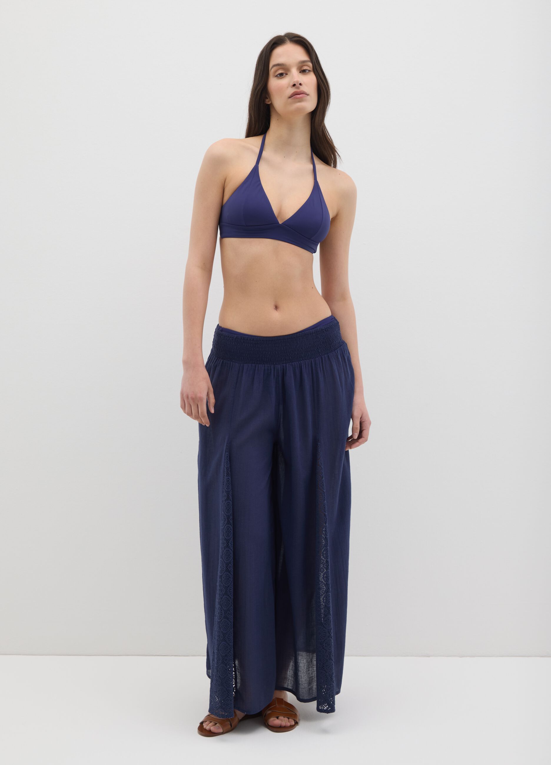 Pantaloni da donna in puro cotone blu larghi