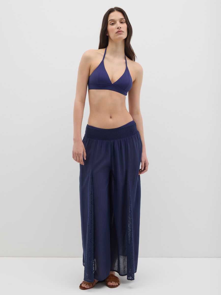 Women's wide blue pure cotton trousers_0