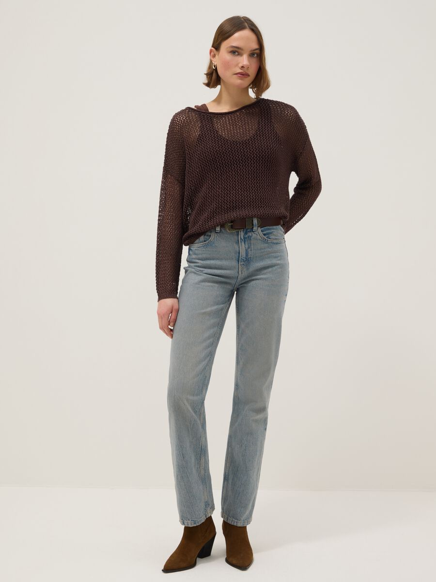 Brown regular fit viscose blend sweater with knit design_1