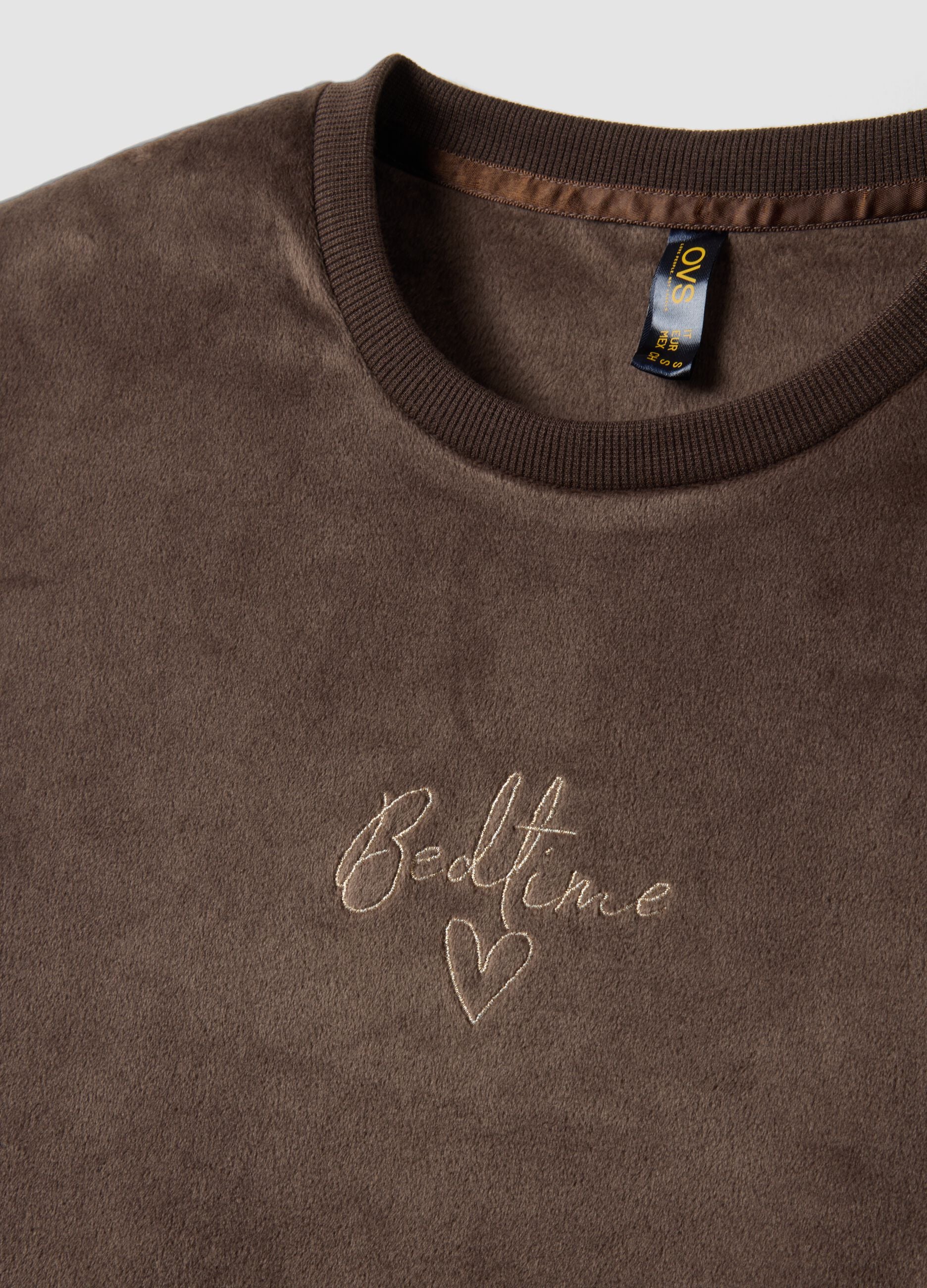 Brown chenille stretch pyjama top with crew neck