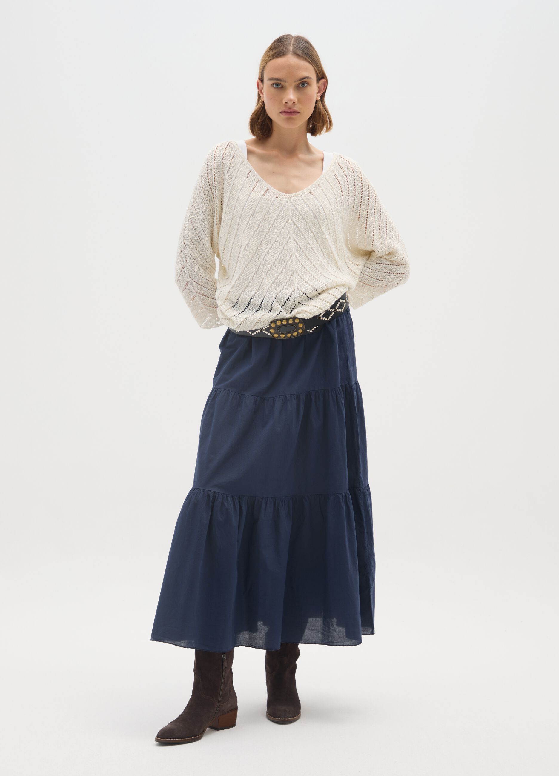 Blue Pure Cotton Tiered Long Skirt