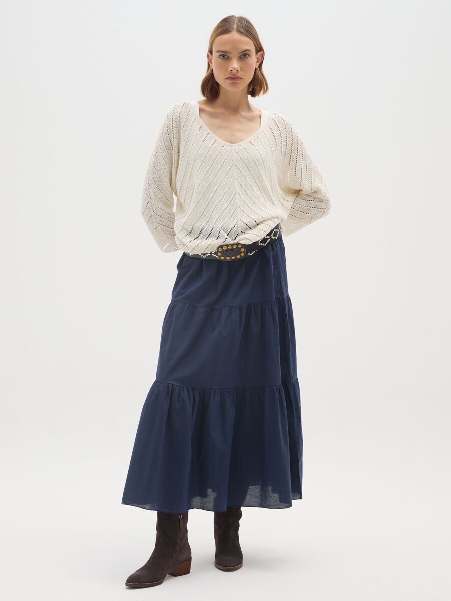 Blue Pure Cotton Tiered Long Skirt_0
