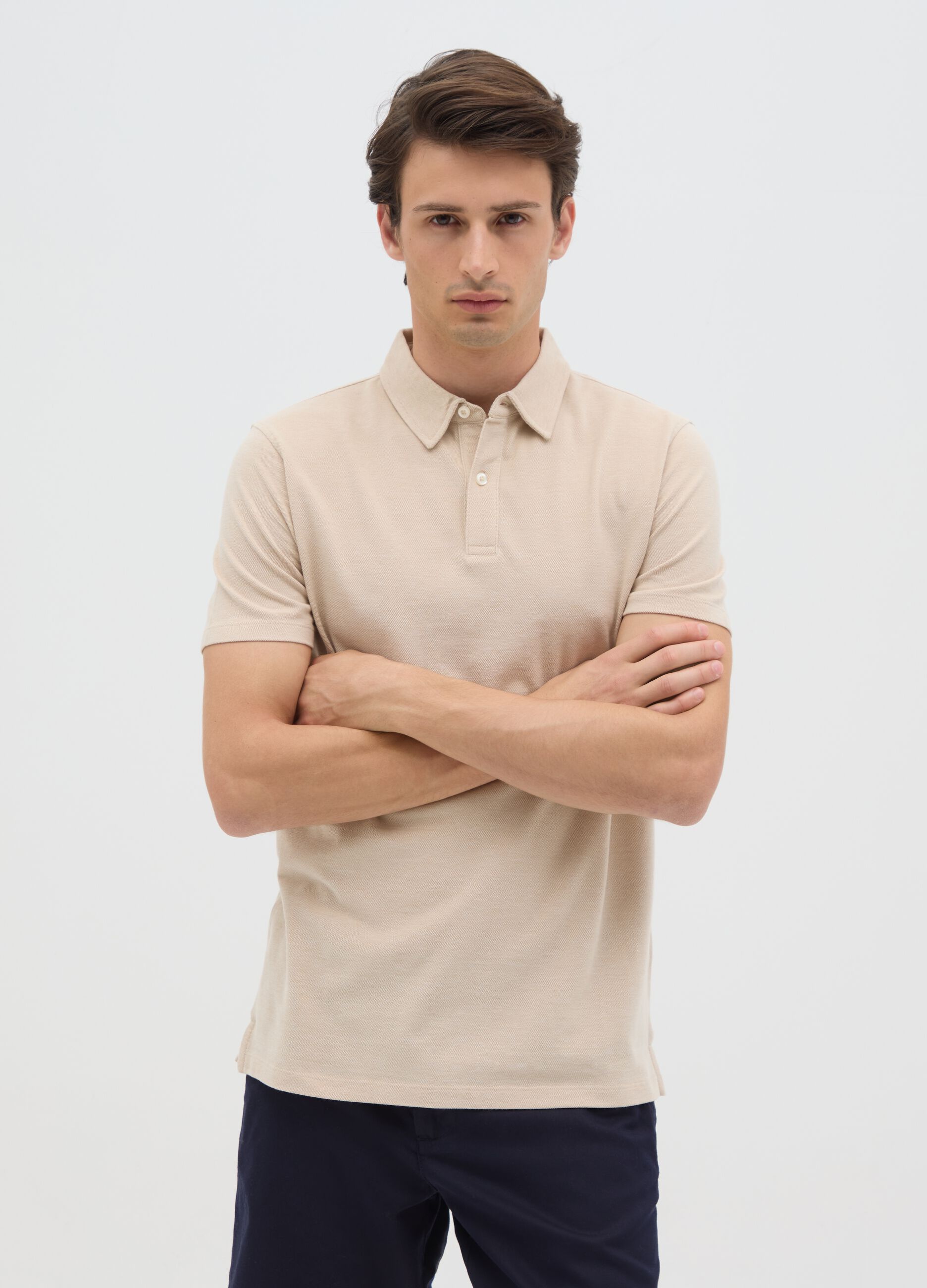 Men's beige regular fit polo shirt in pure cotton