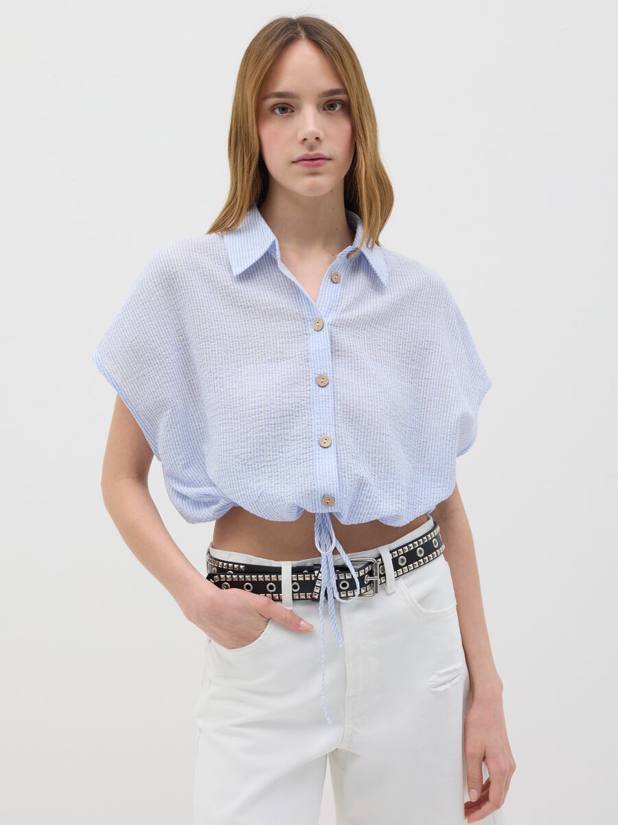 Women’s cropped shirt in multicoloured stretch cotton with regular fit_0