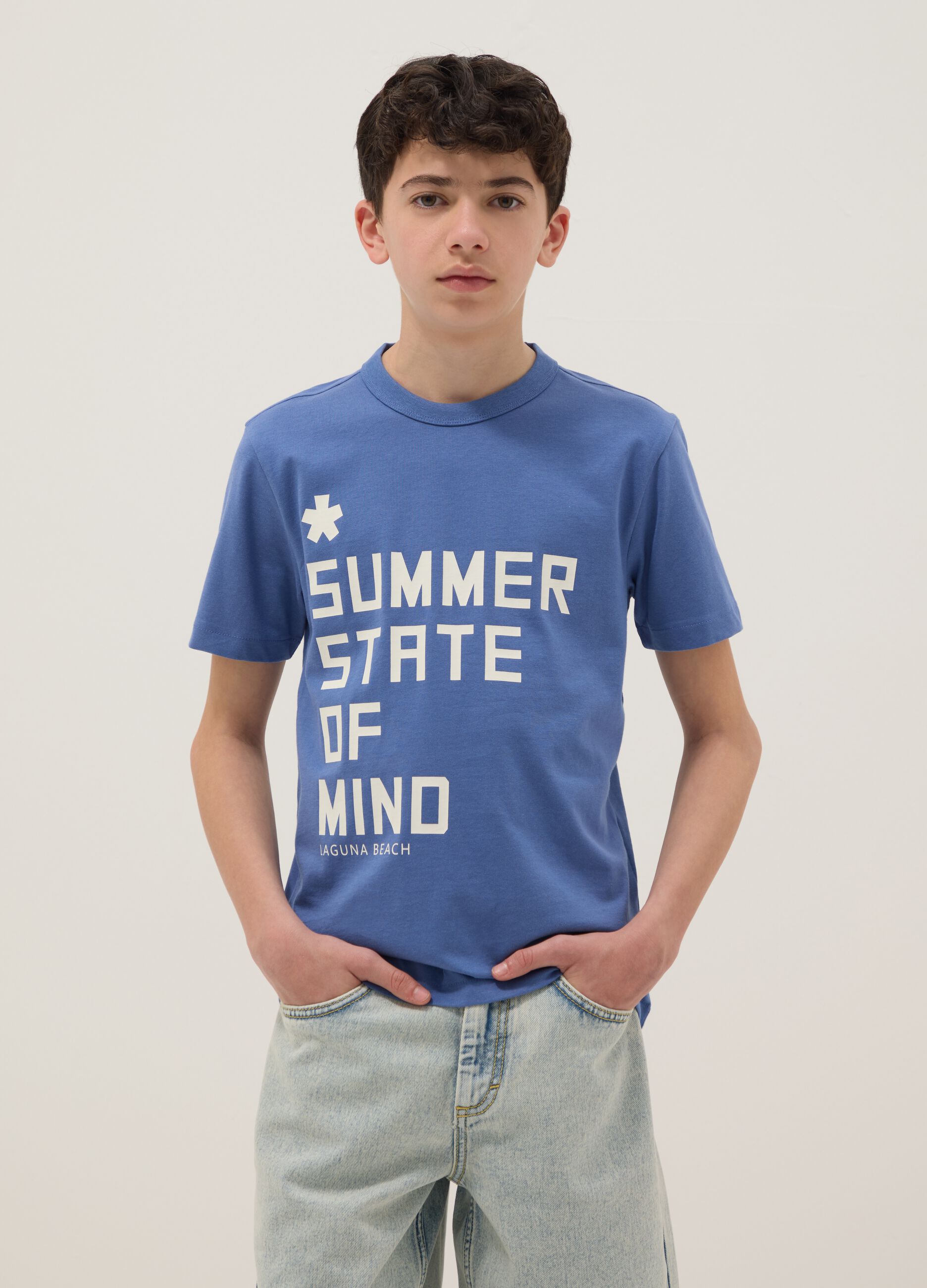 Boys' Regular Fit Blue Cotton T-Shirt with Print