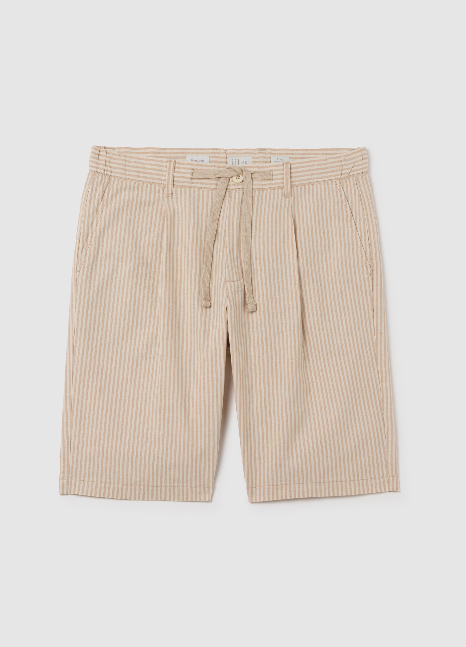 Men's beige regular fit cotton blend shorts with drawstring