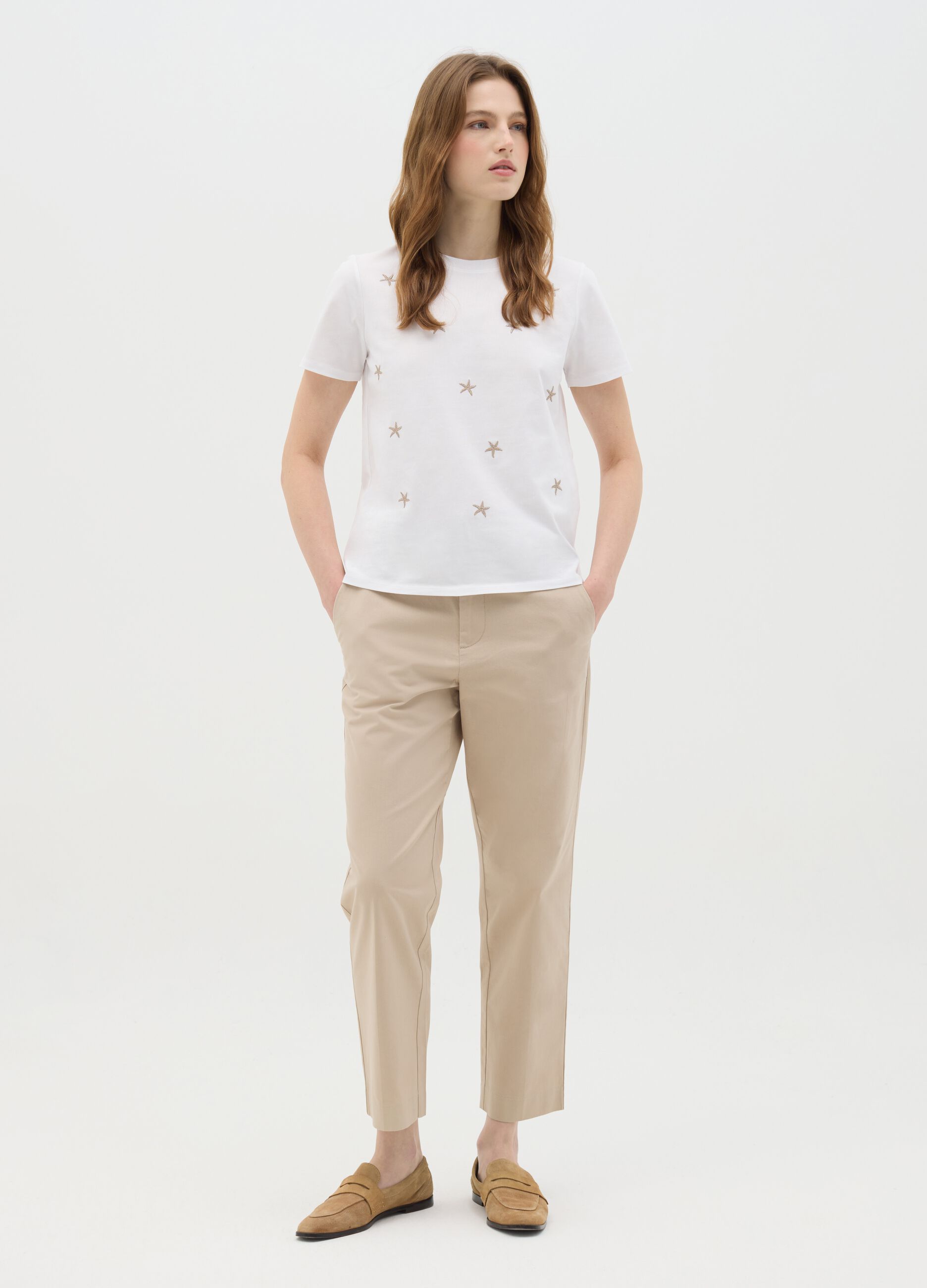 Women's pure cotton white regular fit T-shirt with embroidery