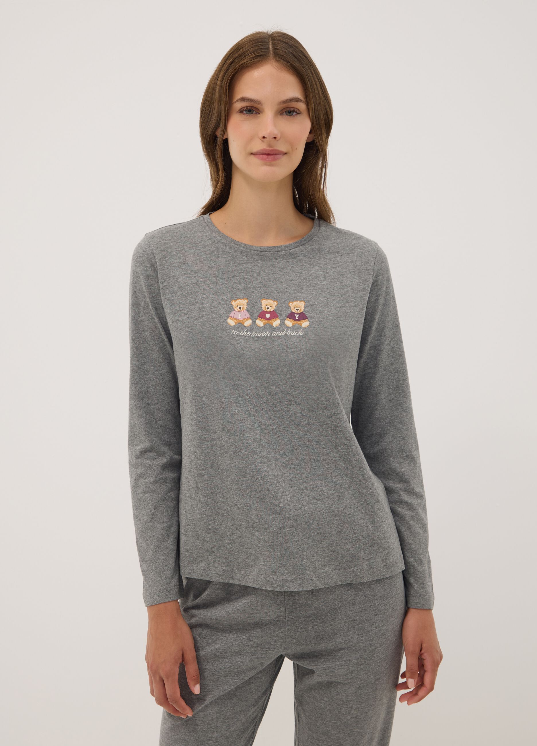 Grey organic cotton and viscose blend pyjamas with teddy bear print