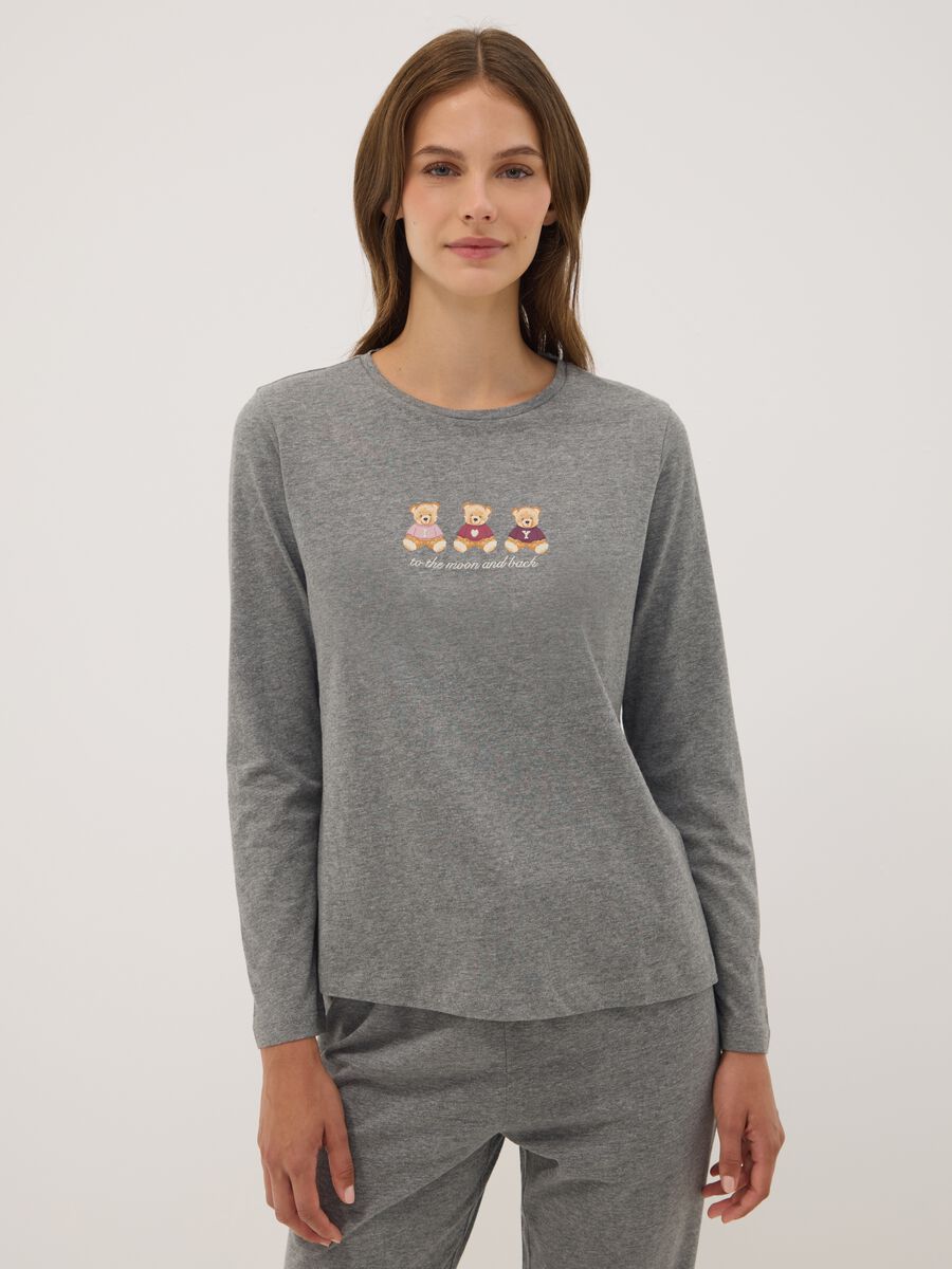 Grey organic cotton and viscose blend pyjamas with teddy bear print_1
