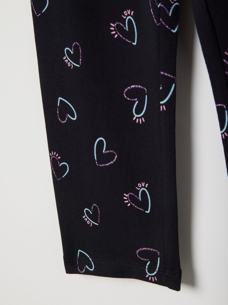 Girls' black stretch cotton skinny fit leggings with hearts_3