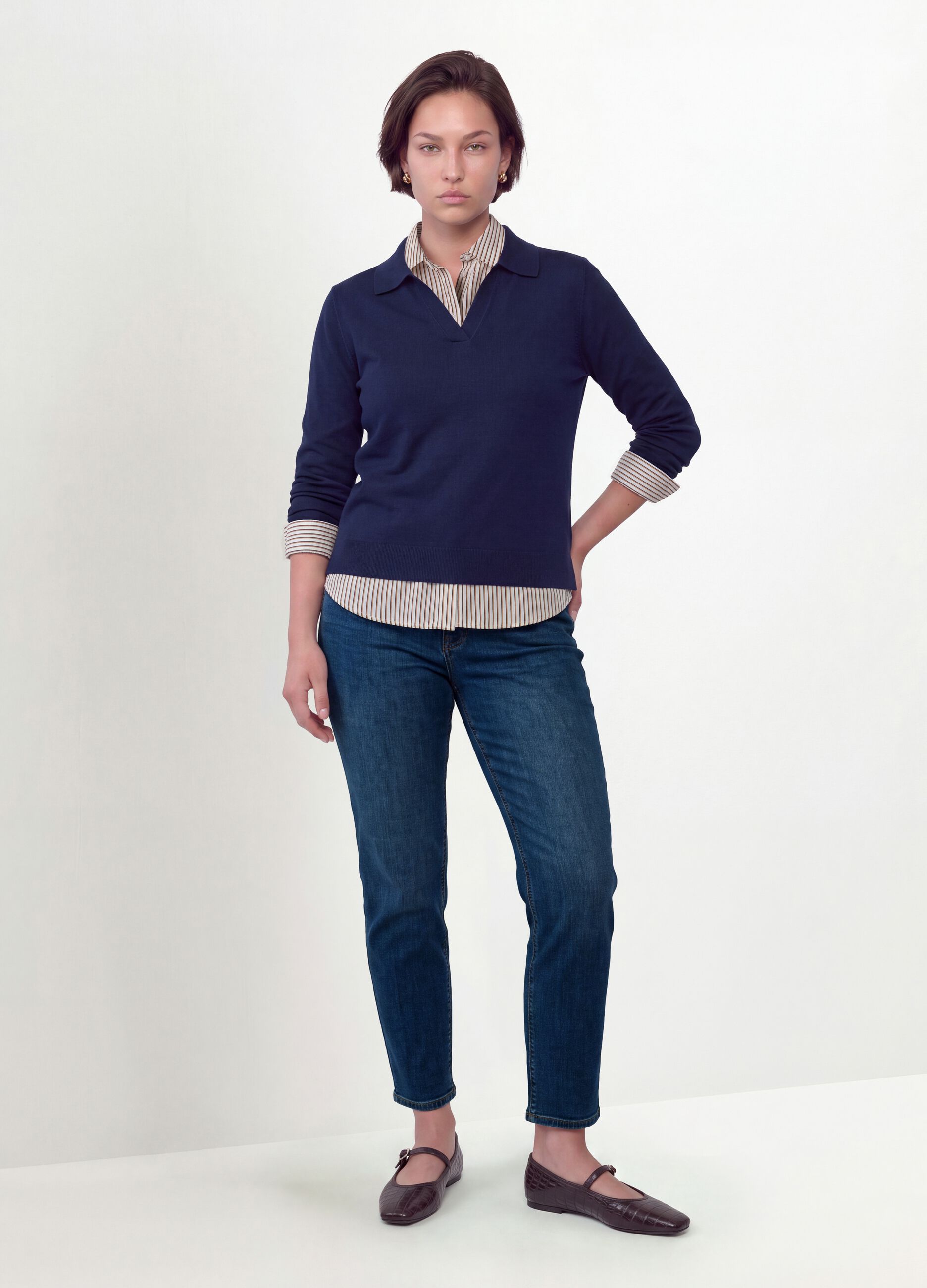 Blue viscose-blend polo-collar jumper with relaxed fit