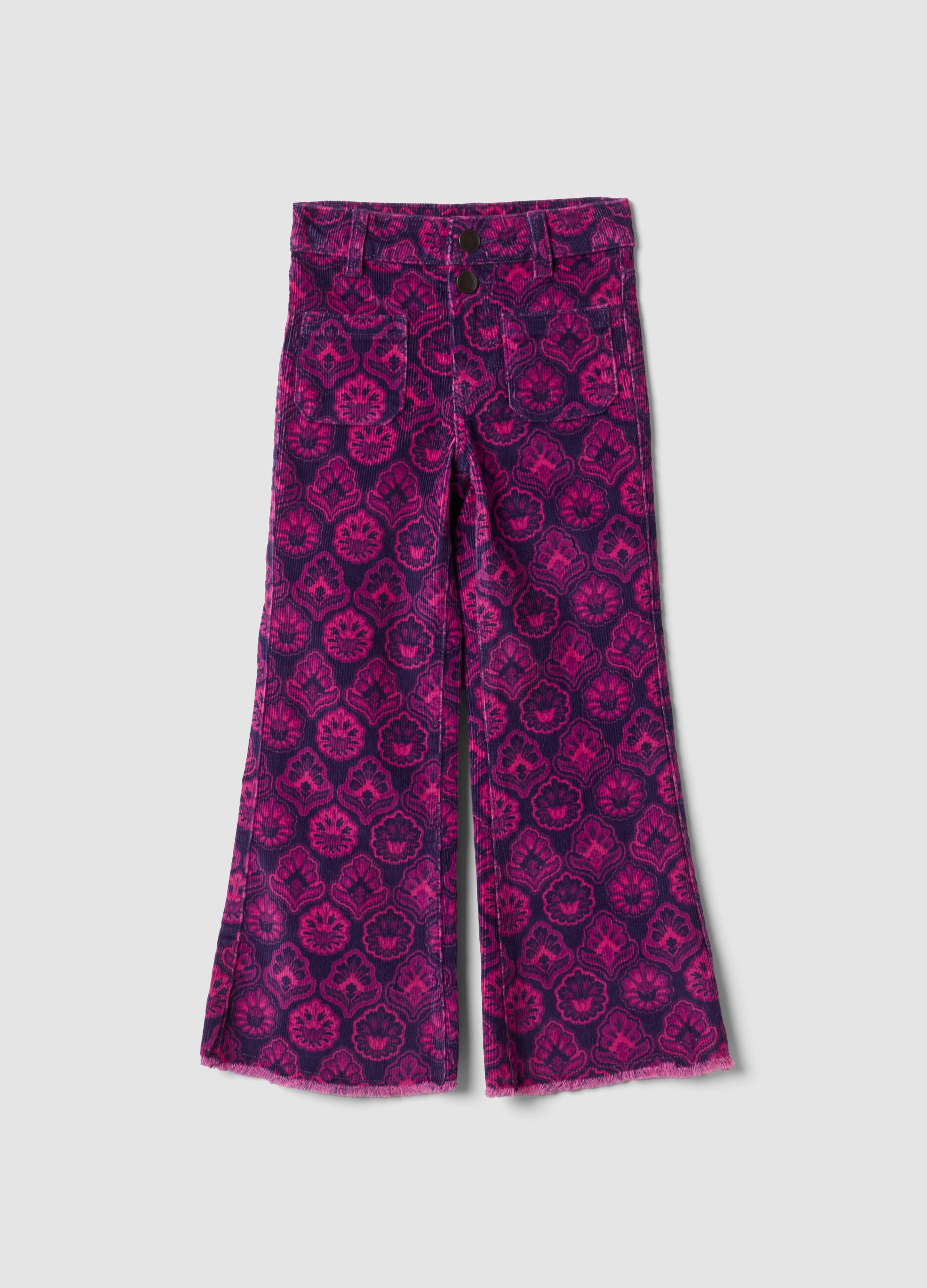 Purple flared ribbed stretch-cotton trousers with floral print