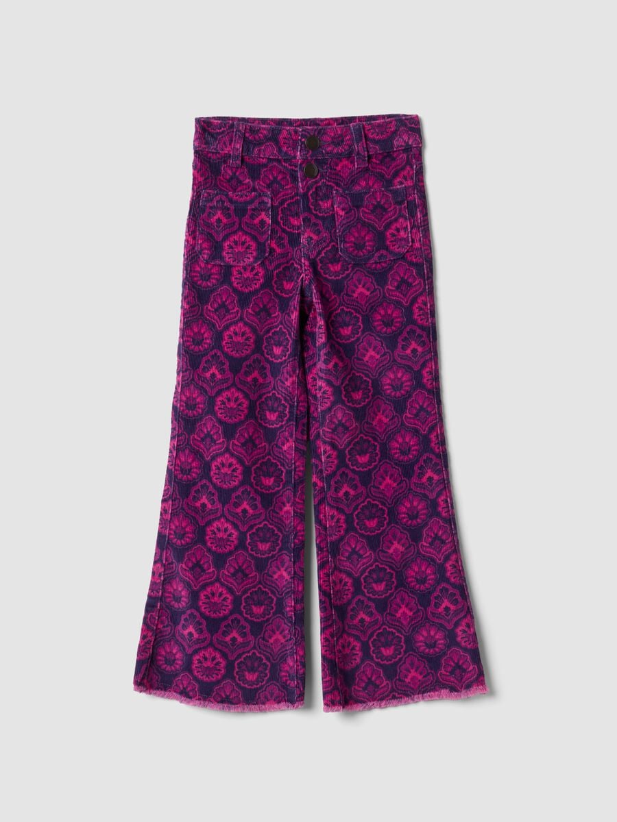 Purple flared ribbed stretch-cotton trousers with floral print_0
