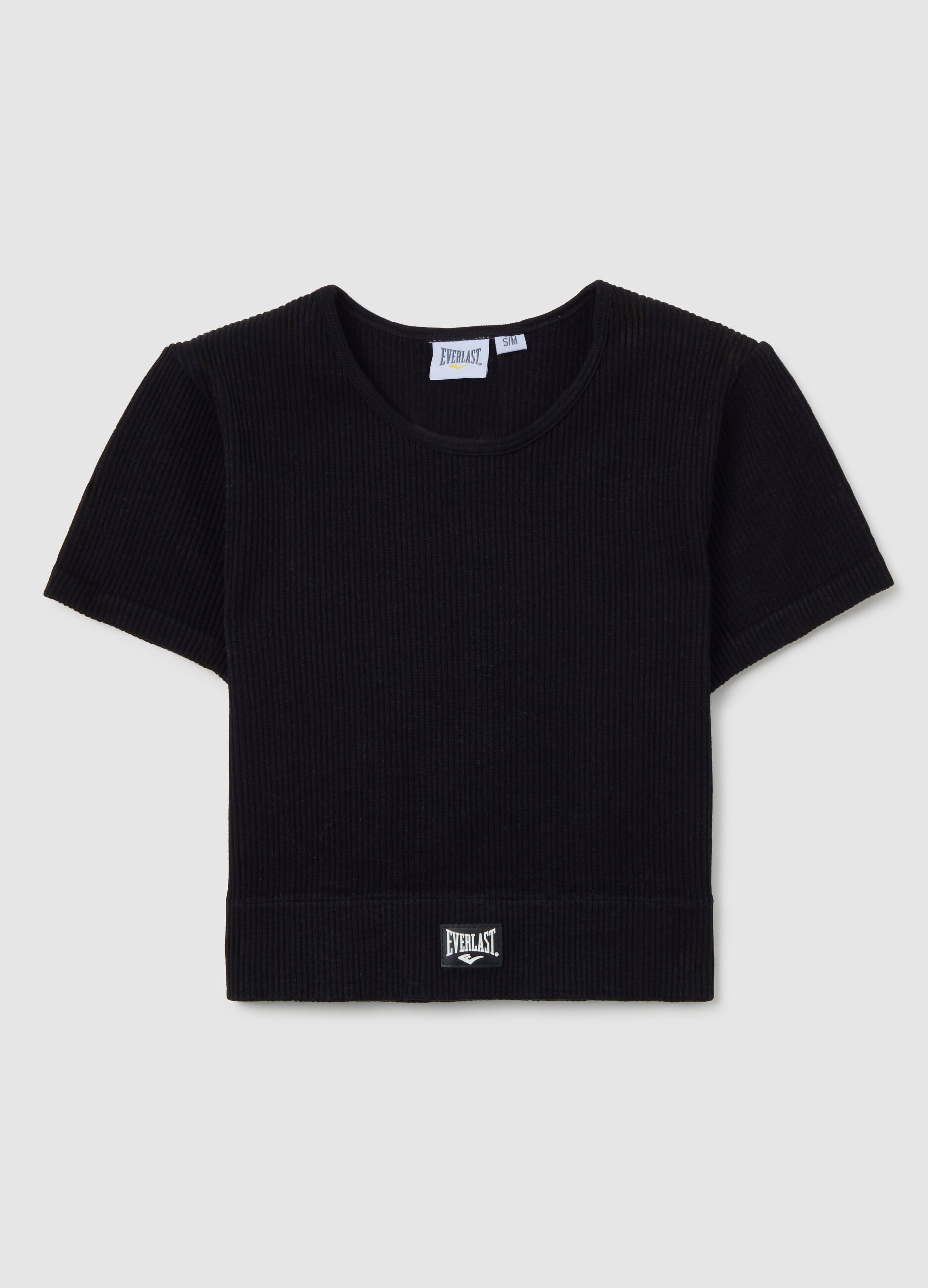 Black stretch fabric regular fit t-shirt with a round neckline