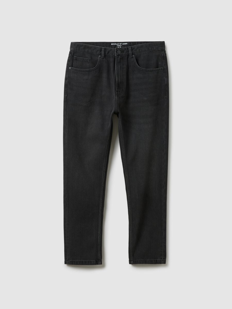 Black denim cotton blend carrot fit jeans_4