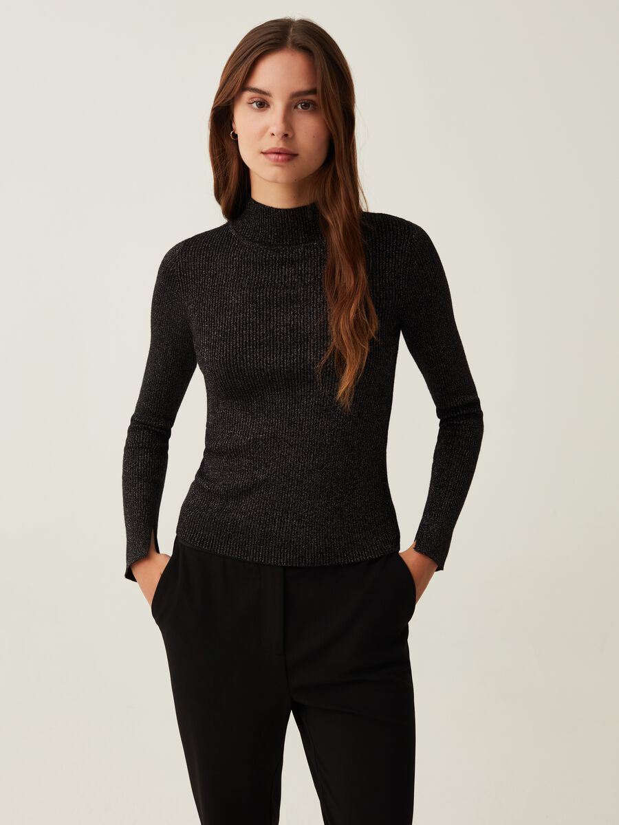 Ribbed lurex top with mock neck_0