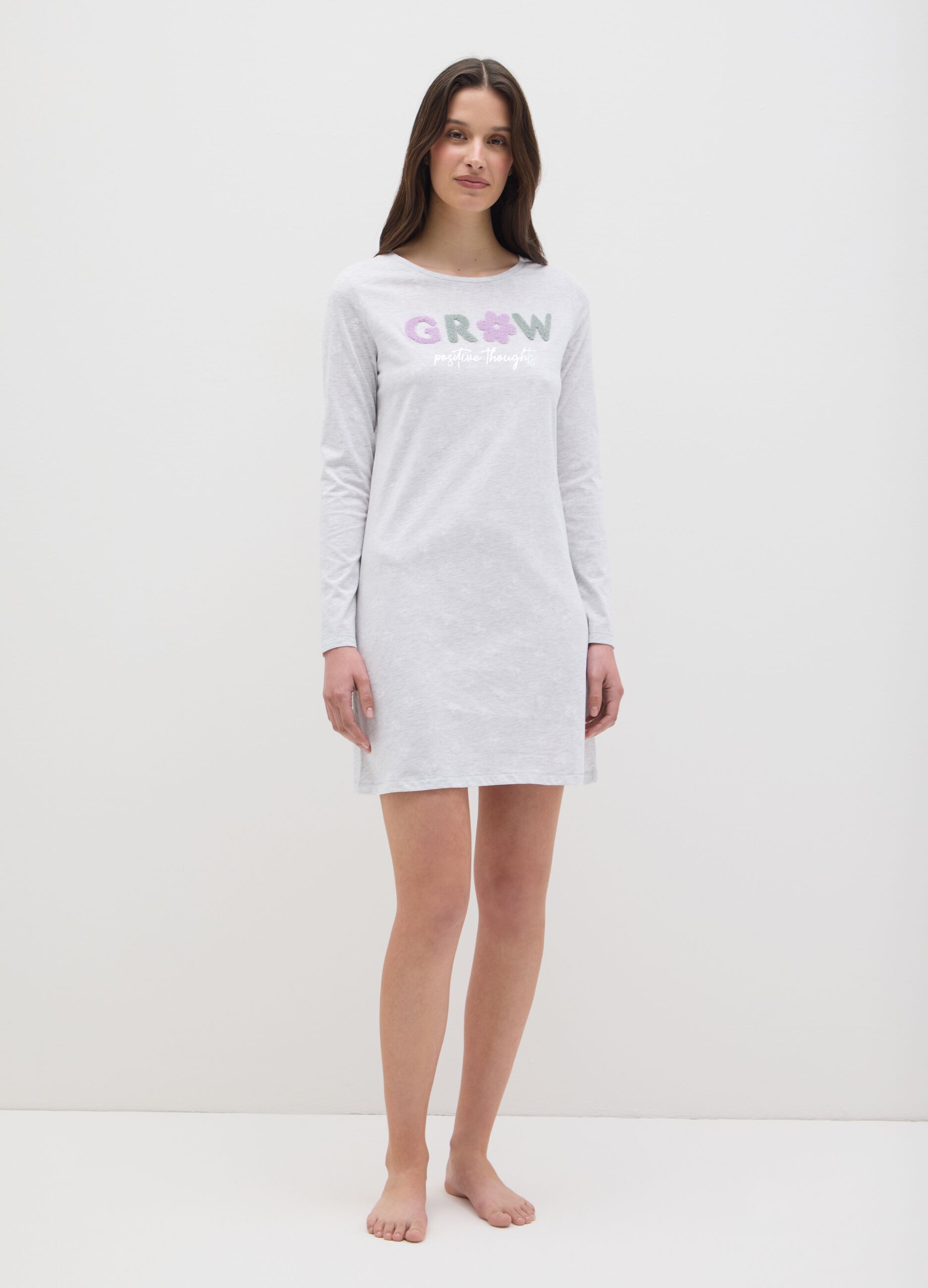 Grey pure cotton women's dress with embroidered lettering