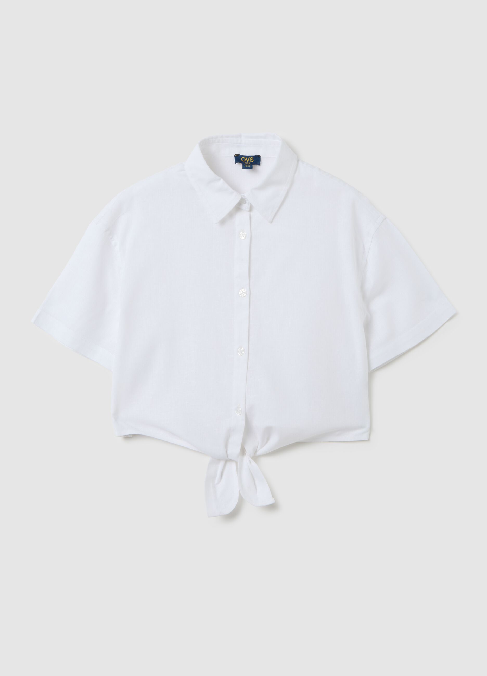 Camicia corta da ragazza in cotone e lino bianca regular fit con nodo frontale