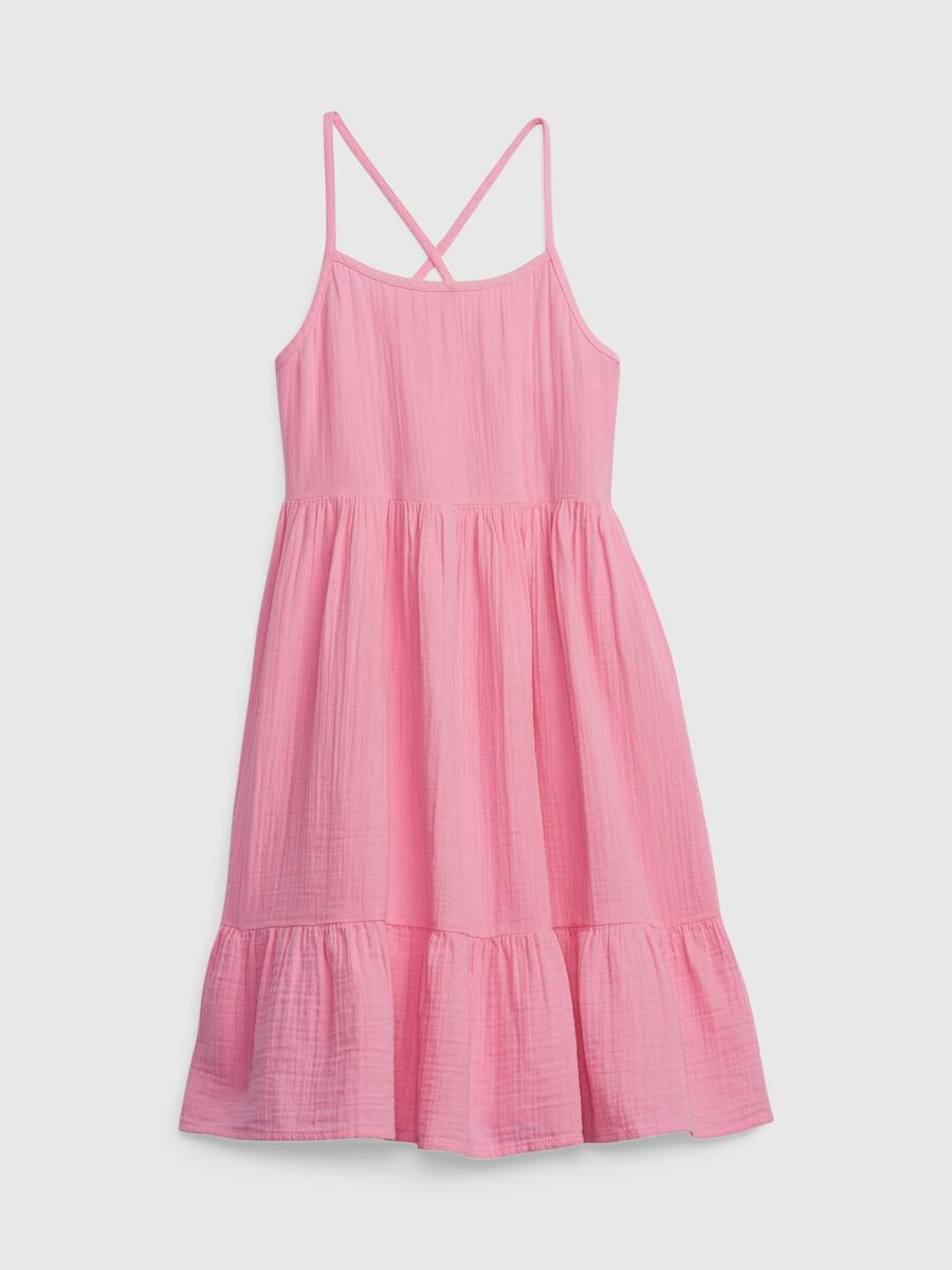 Cotton dress with crossover shoulder straps and flounce_0