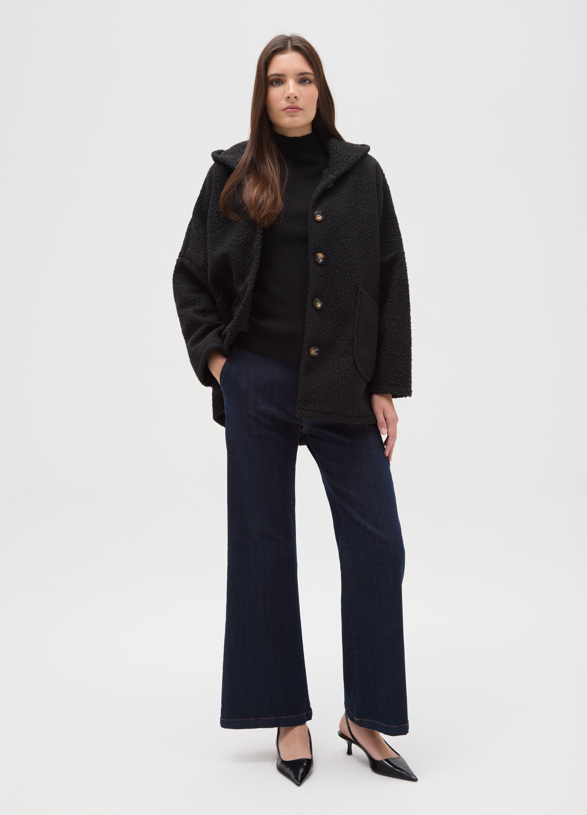 Black regular fit coat with buttons and hood