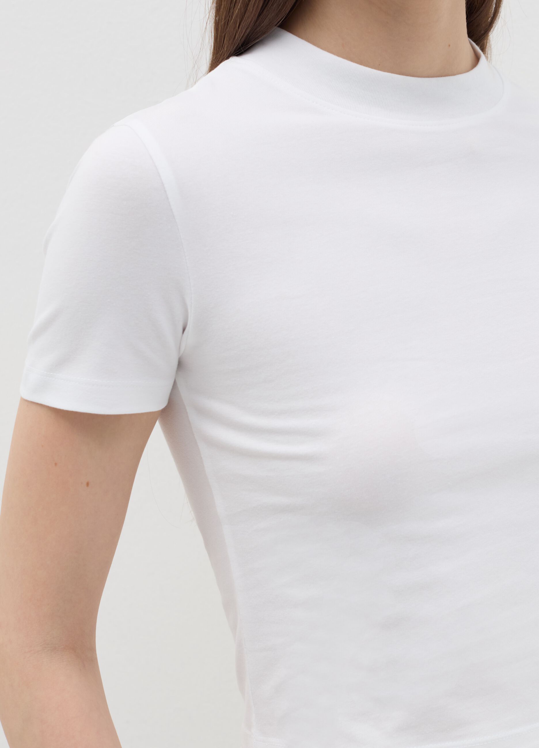 Stretch cotton T-shirt with mock neck