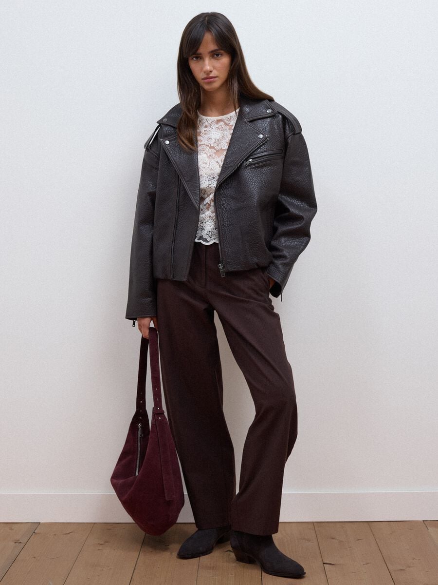 Giacca biker marrone in vera pelle over fit_2
