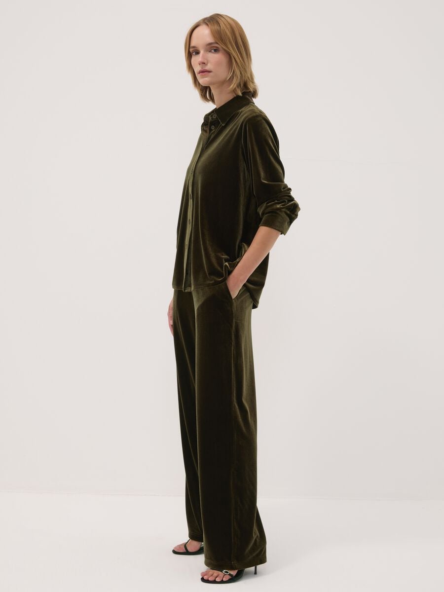 Pantaloni verdi wide leg in tessuto velour elasticizzato_2