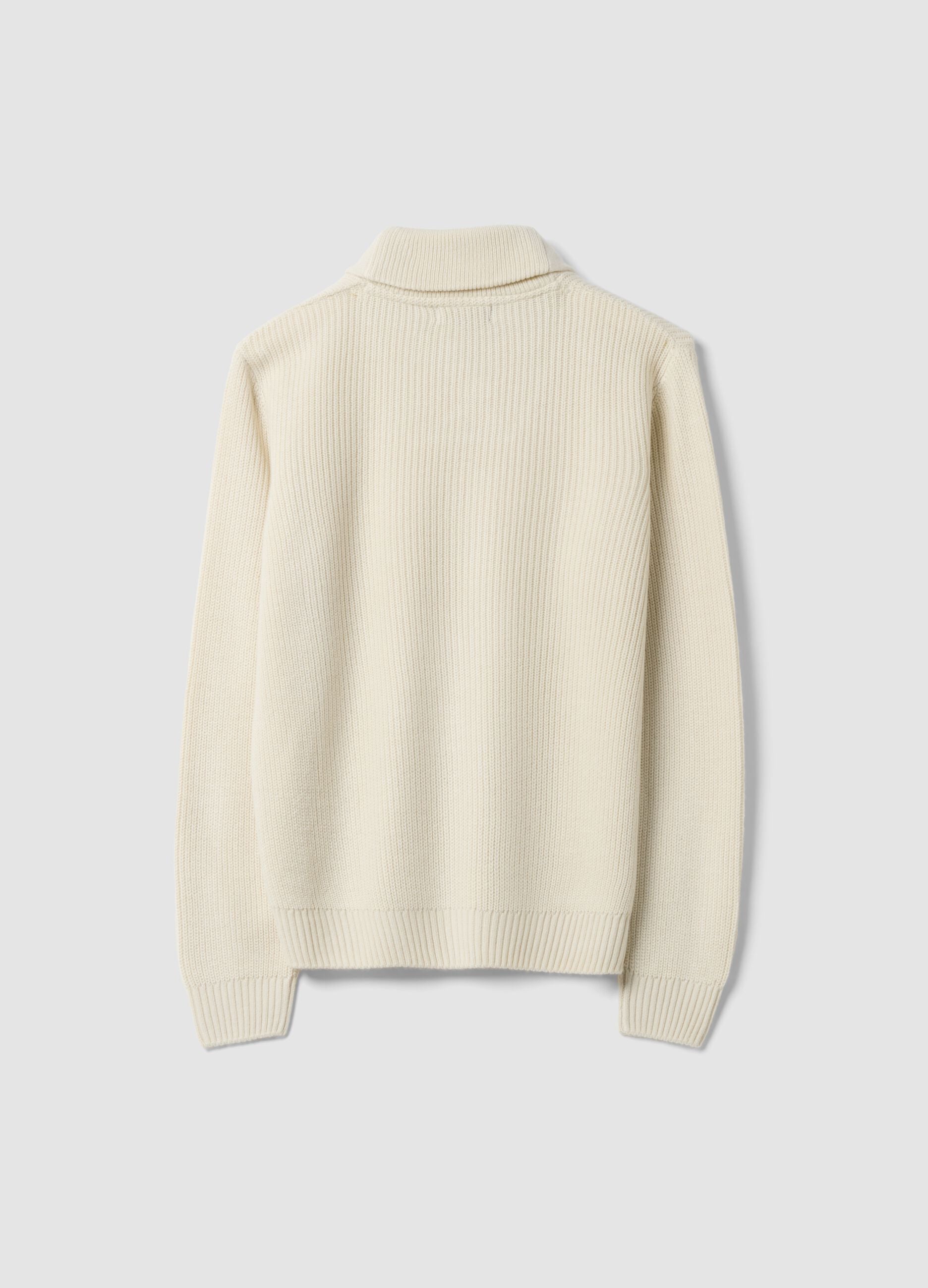 Beige ribbed shawl-collar jumper, regular fit