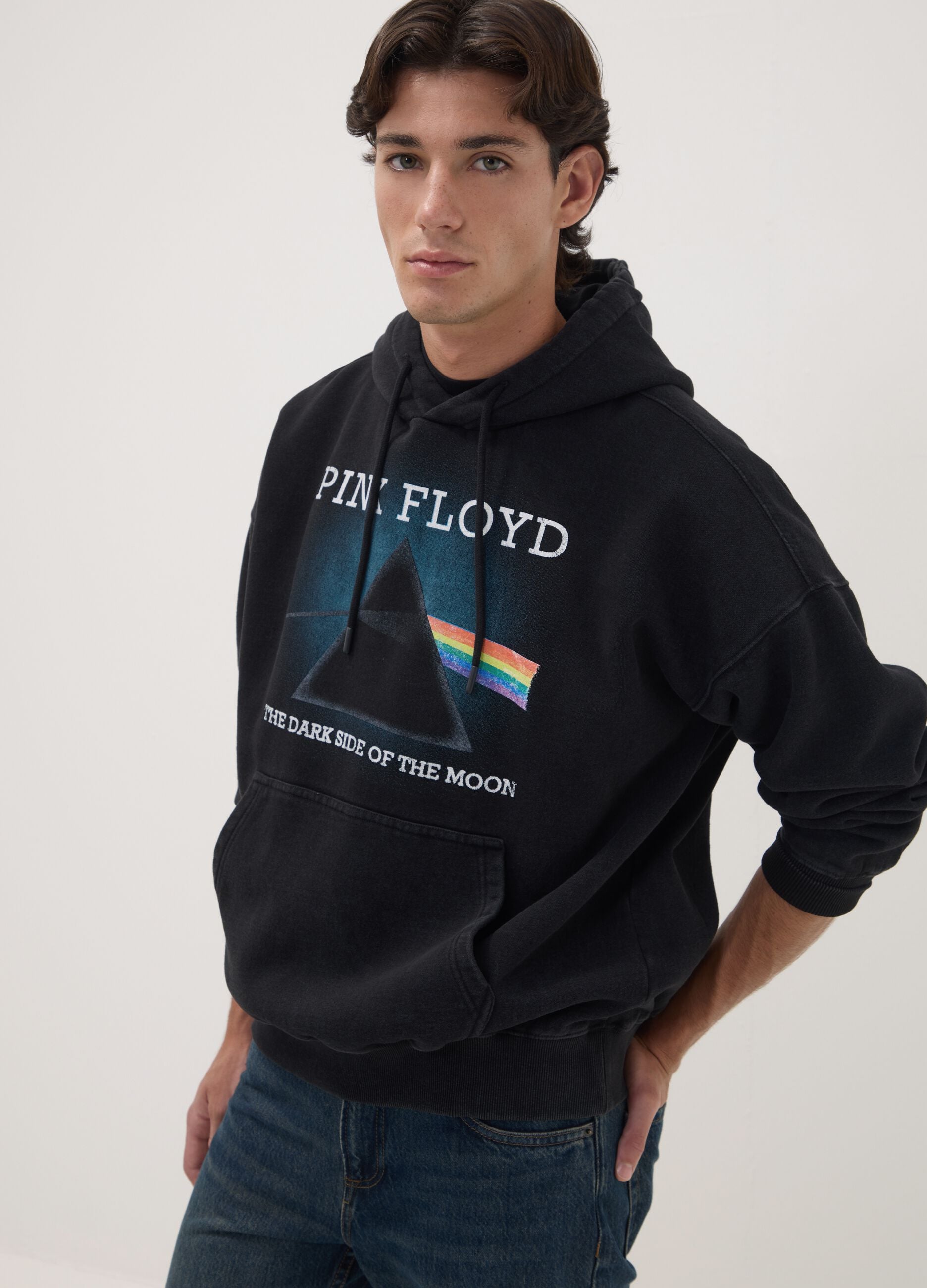 Black cotton-blend hoodie with Pink Floyd print