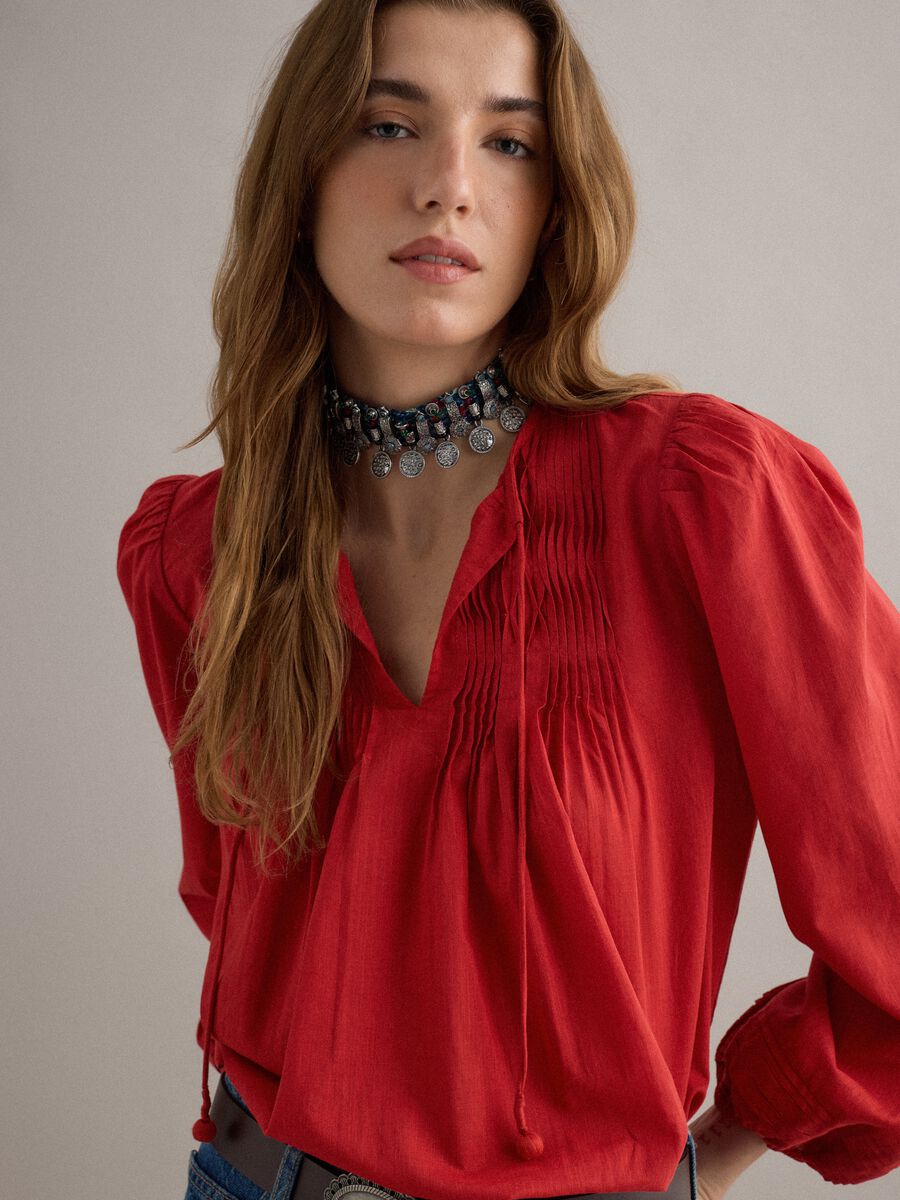 Red short-sleeved shirt in pure cotton_0