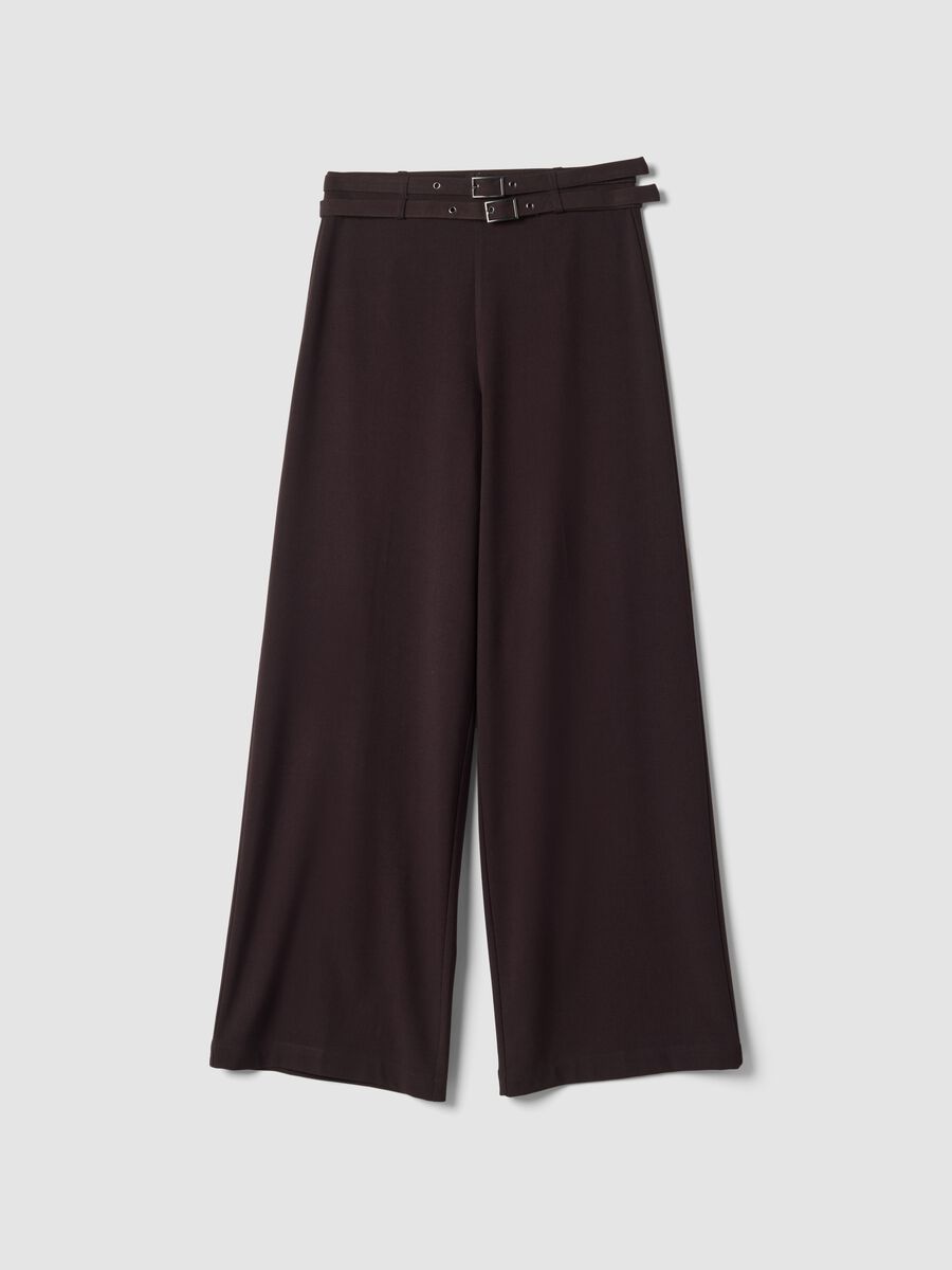 Pantaloni formali marroni in viscosa elasticizzata con cintura_0