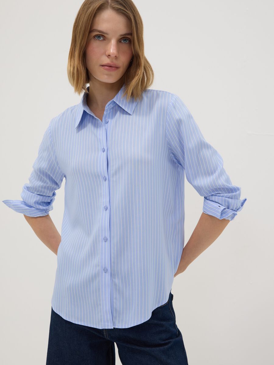 Camicia azzurra a righe in pura viscosa regular fit_0