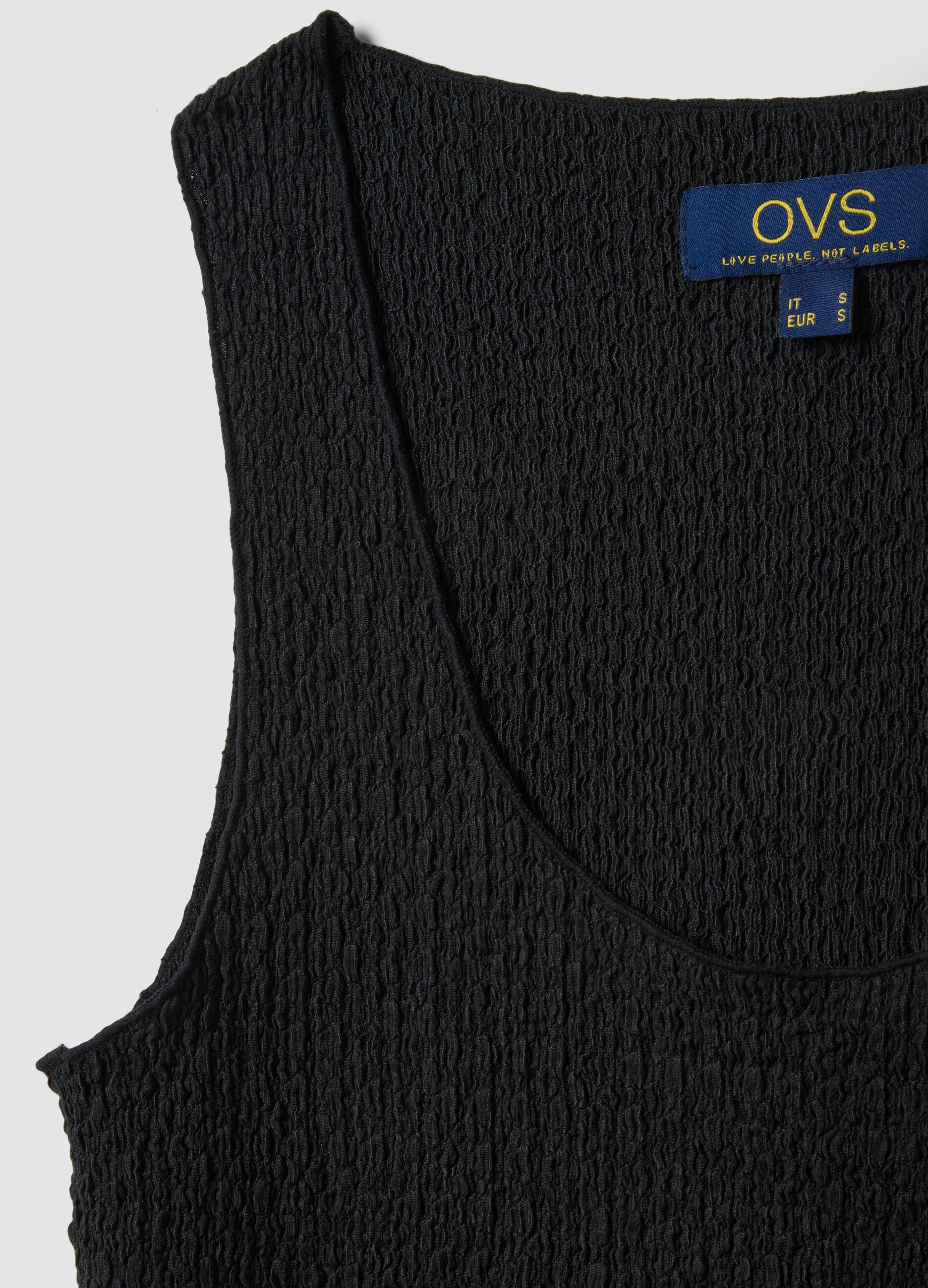 Black stretch tank top with crinkled texture