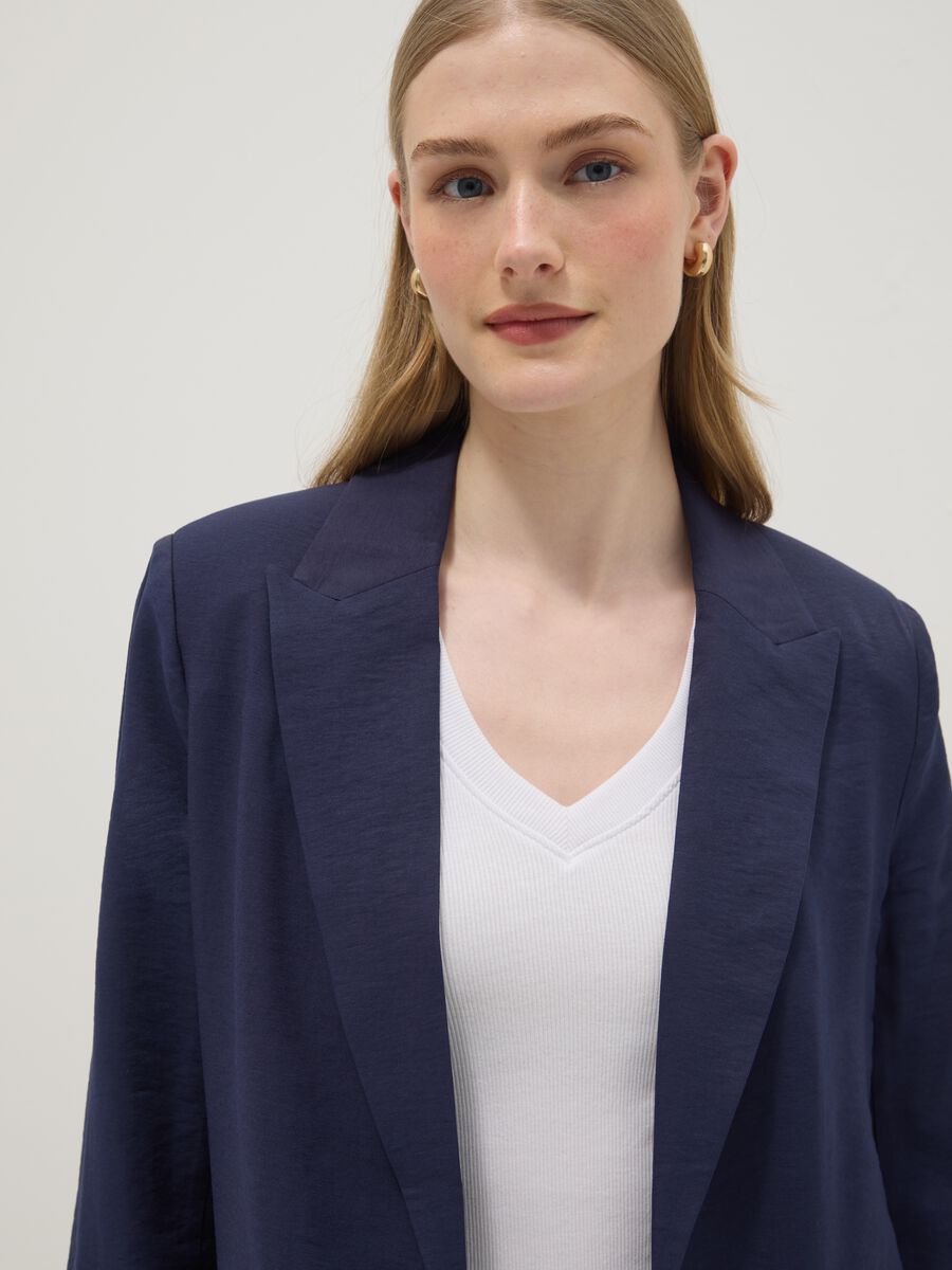 Blazer in misto viscosa blu regular fit con polsini a righe_0