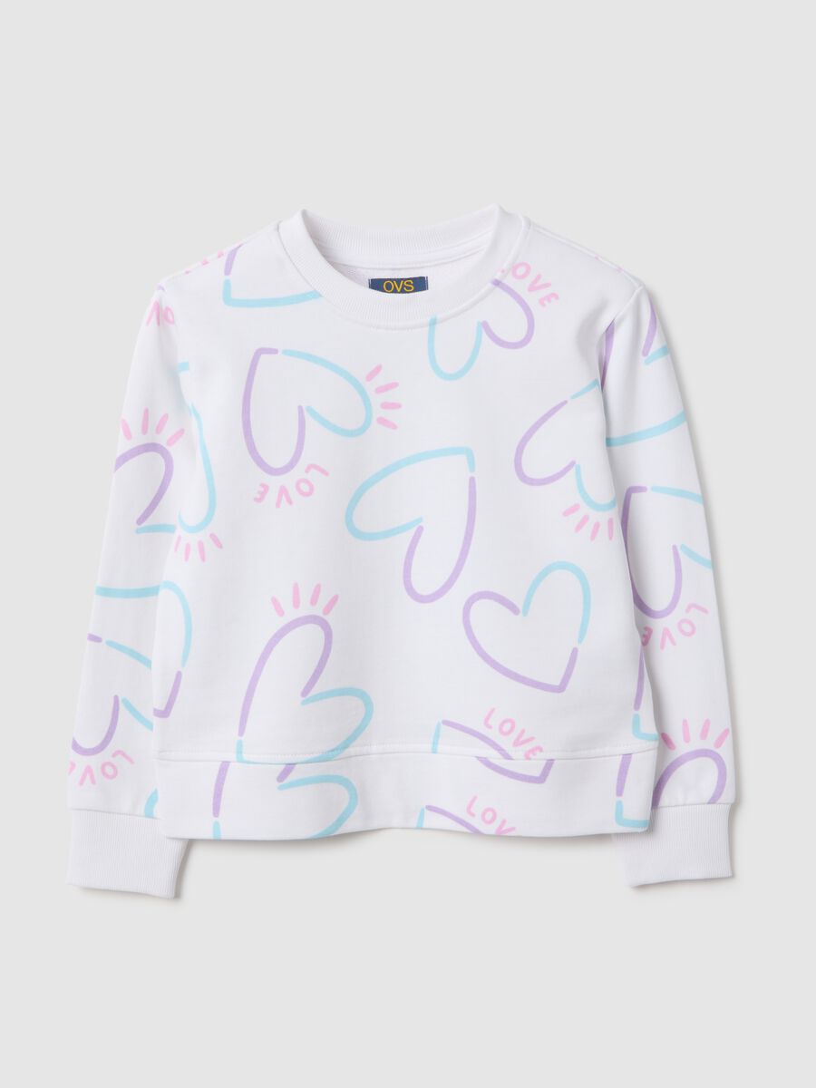 White pure cotton girl sweatshirt with hearts, regular fit_0