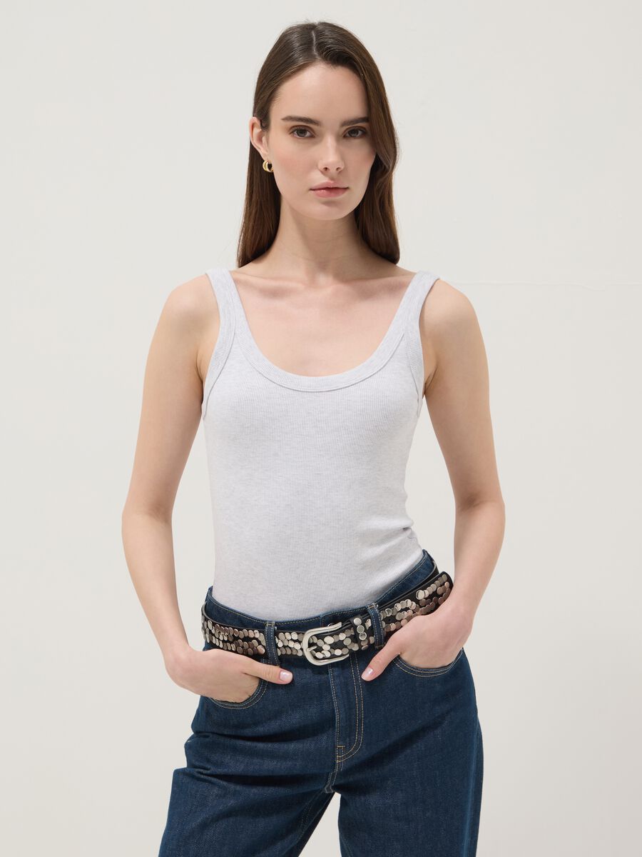 Grey ribbed stretch cotton bodysuit with wide neckline_0