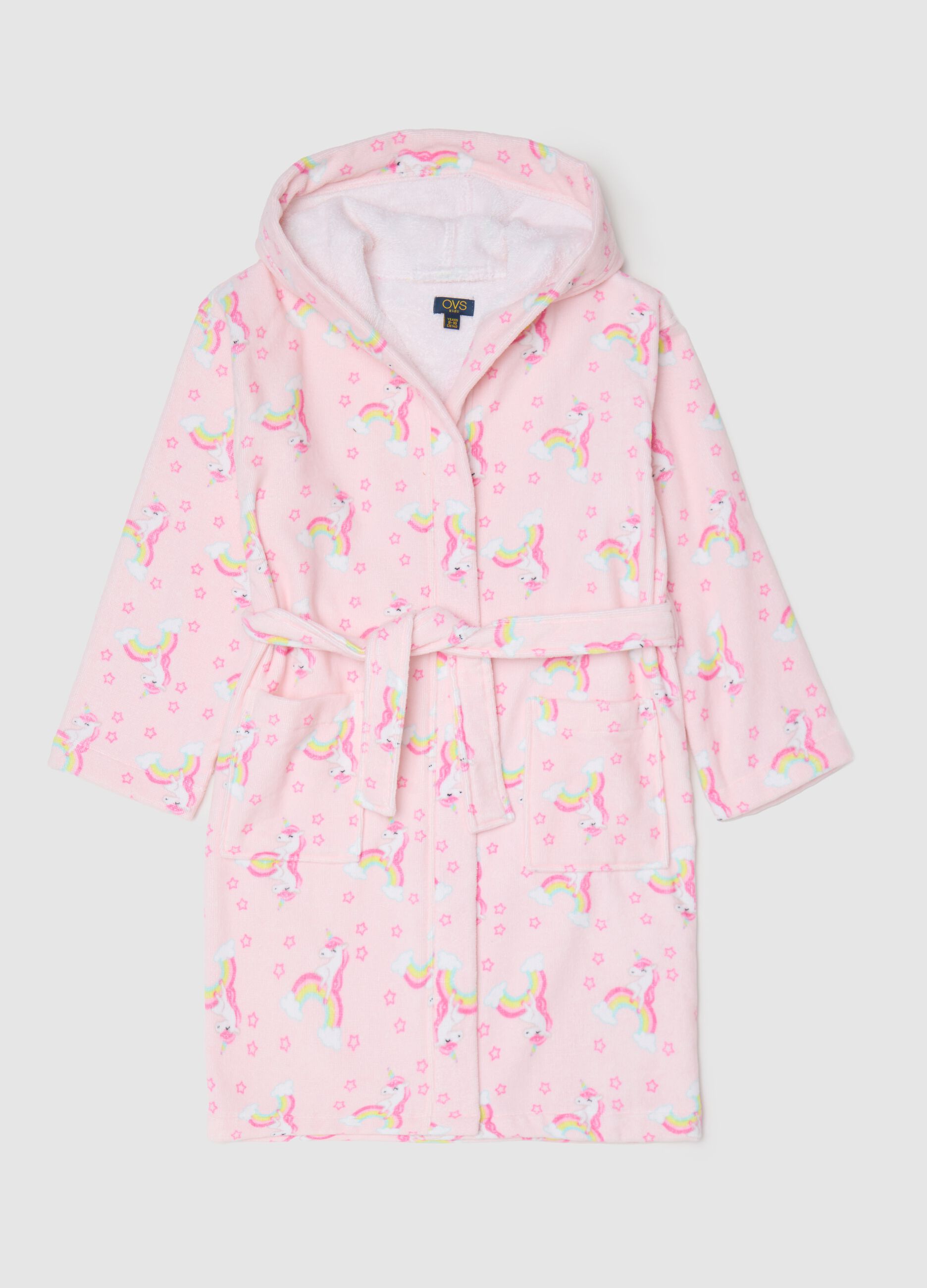 Pink bathrobe with hood and unicorns print