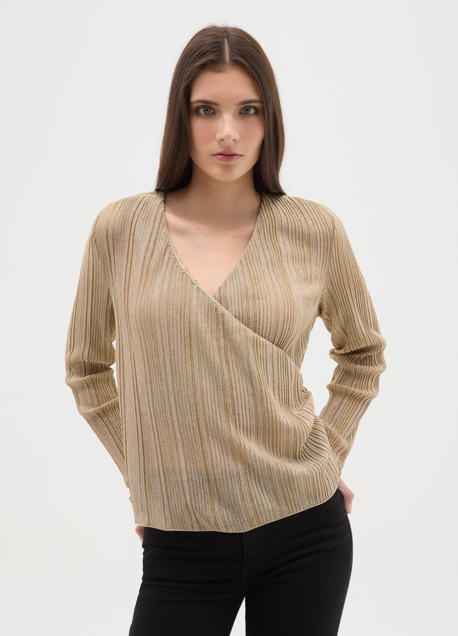 Beige striped regular fit V-neck jumper