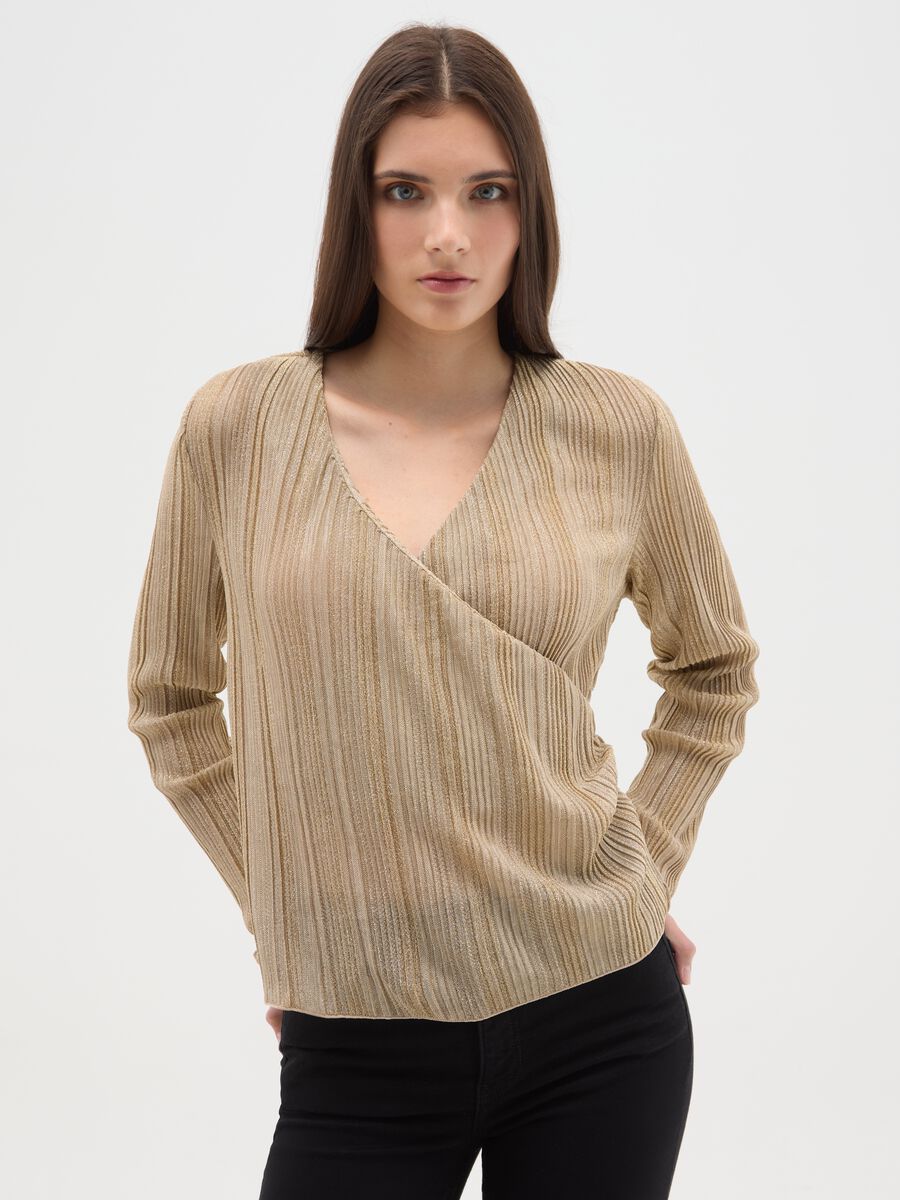 Maglia a righe beige regular fit con scollo a V_0