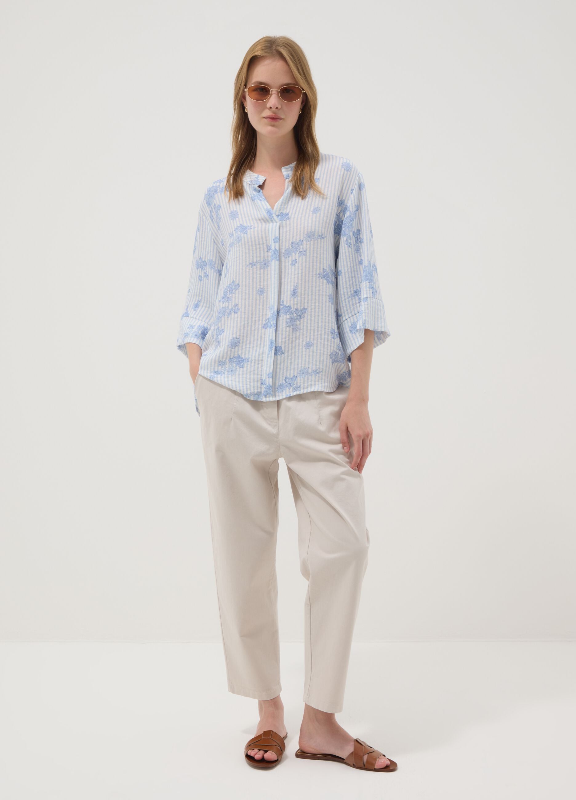 Light Blue Viscose-Blend Blouse with Stripes and Floral Print