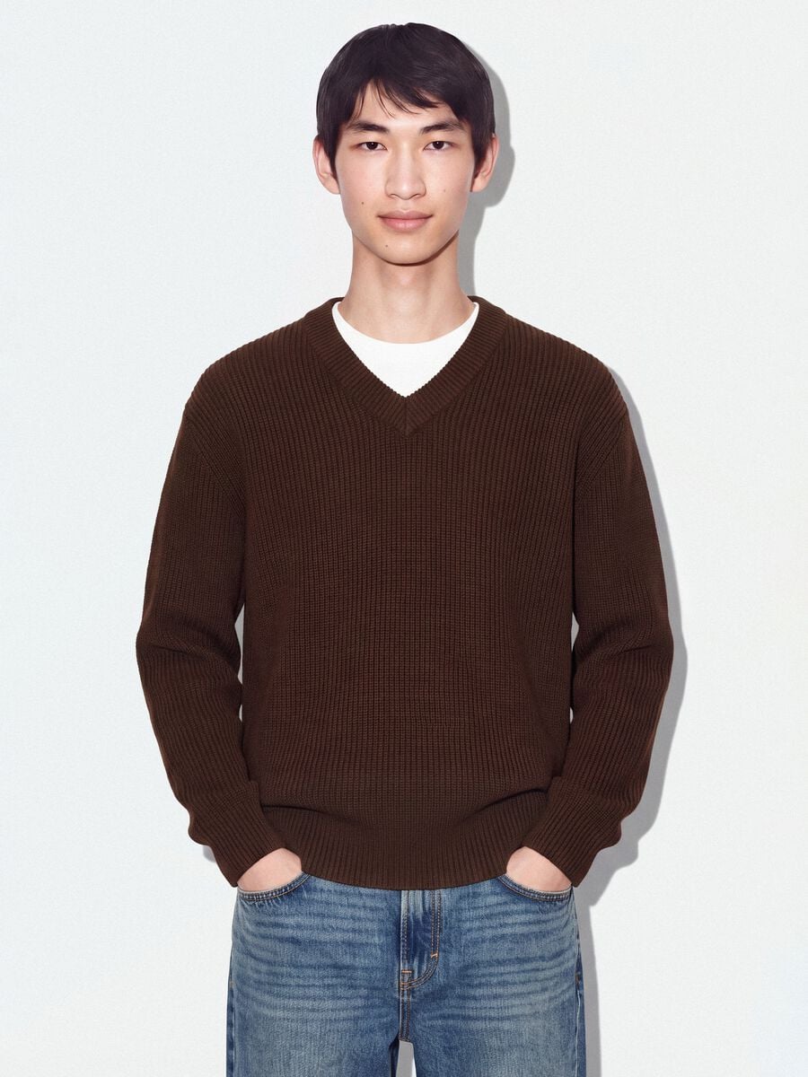 Brown pure cotton jumper with deep V-neck, regular fit_0