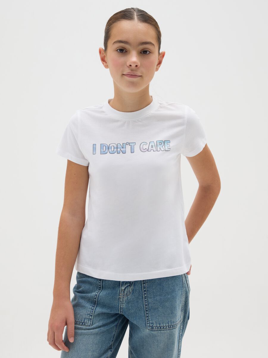 T-shirt da ragazza in puro cotone bianca regular fit con scritta_0