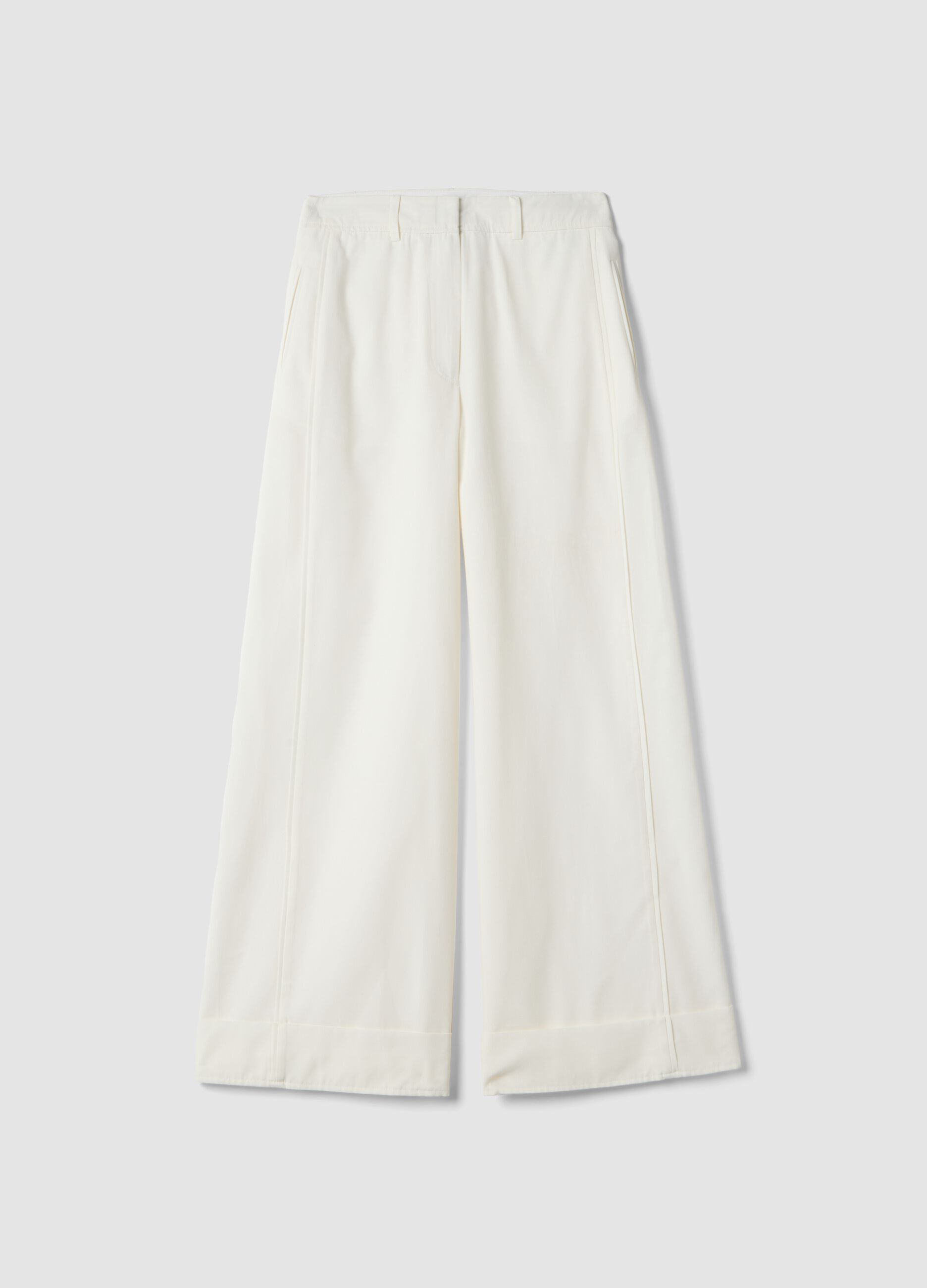 White cotton blend flare trousers with regular waist