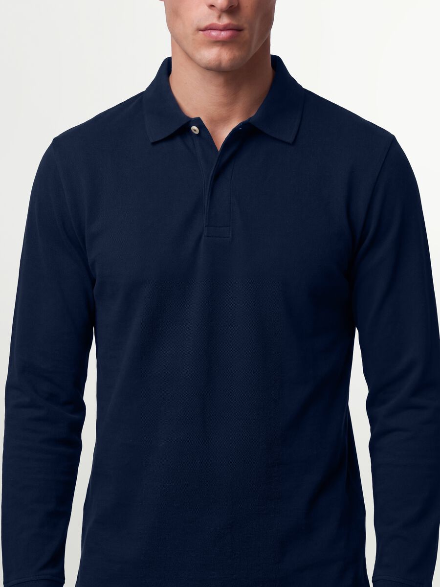 Polo blu in cotone elasticizzato a maniche lunghe regular fit_2