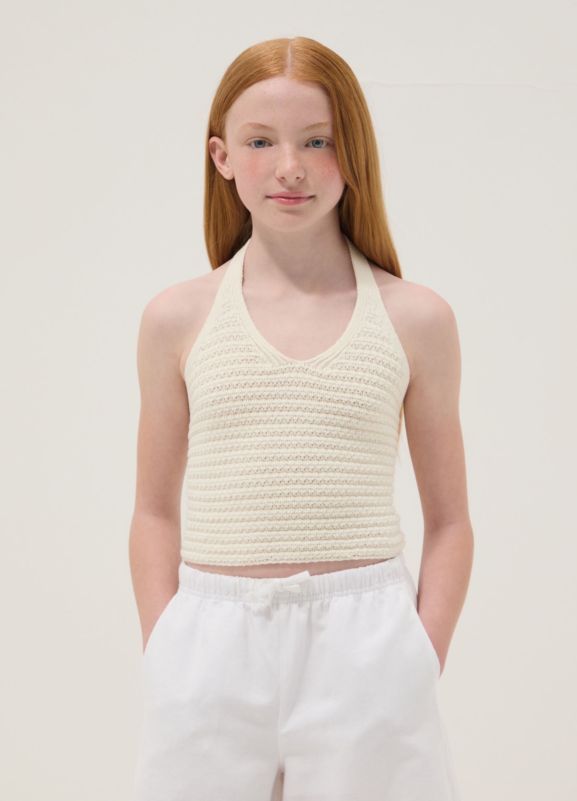 White cotton-blend knitted top