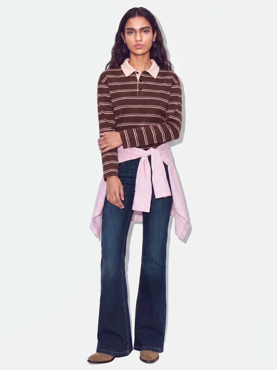 Polo marrone in puro cotone a righe maniche lunghe regular fit_2