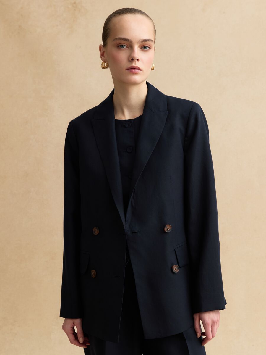 Blue double-breasted blazer in Lyocell and linen, regular fit_1
